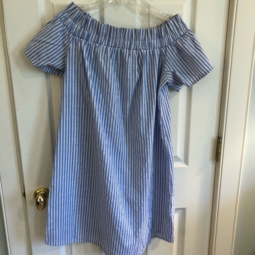 Blue and White Stripe Off the Shoulder Dress
